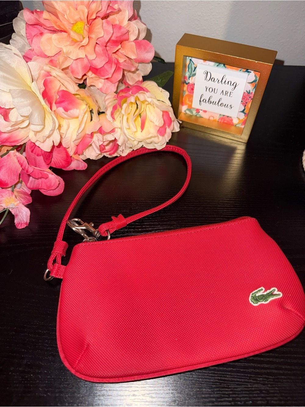 Lacoste Red Wristlet Mini Bag Y2K Nylon Zip Pouch Croc Logo